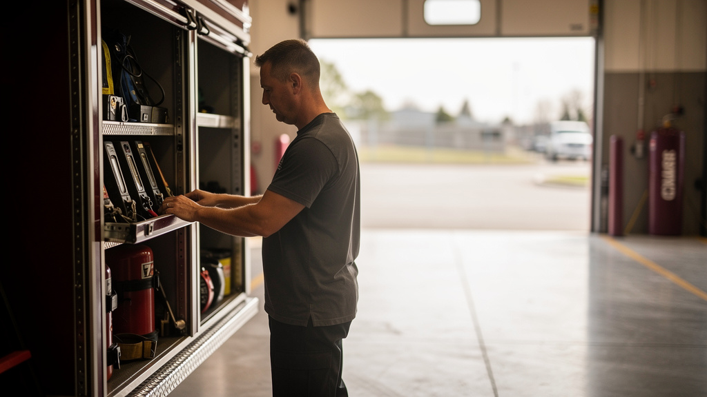 A first responder checking equipment at a fire station before a shift