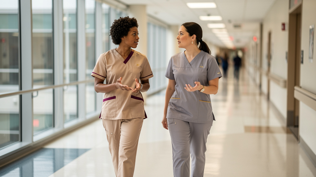 Two healthcare colleagues speaking while walking through a hospital corridor